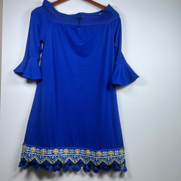 Cabana Life Dresses & Skirts - Cabana Life Shift Dress Resort Boho Tassel Embroidered M Blue Coastal Tassels